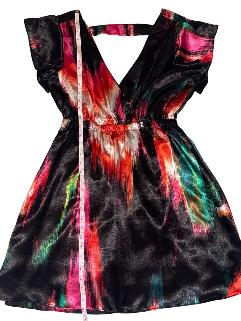 Charlotte Russe Black Multicolor Satin V-Neck Fit and Flare Party Dress Sz M - Picture 6 of 10